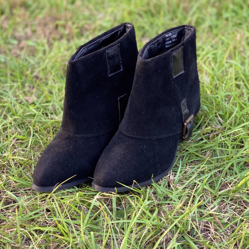 Folded Over Suede Buckle Heeled Boots Booties
